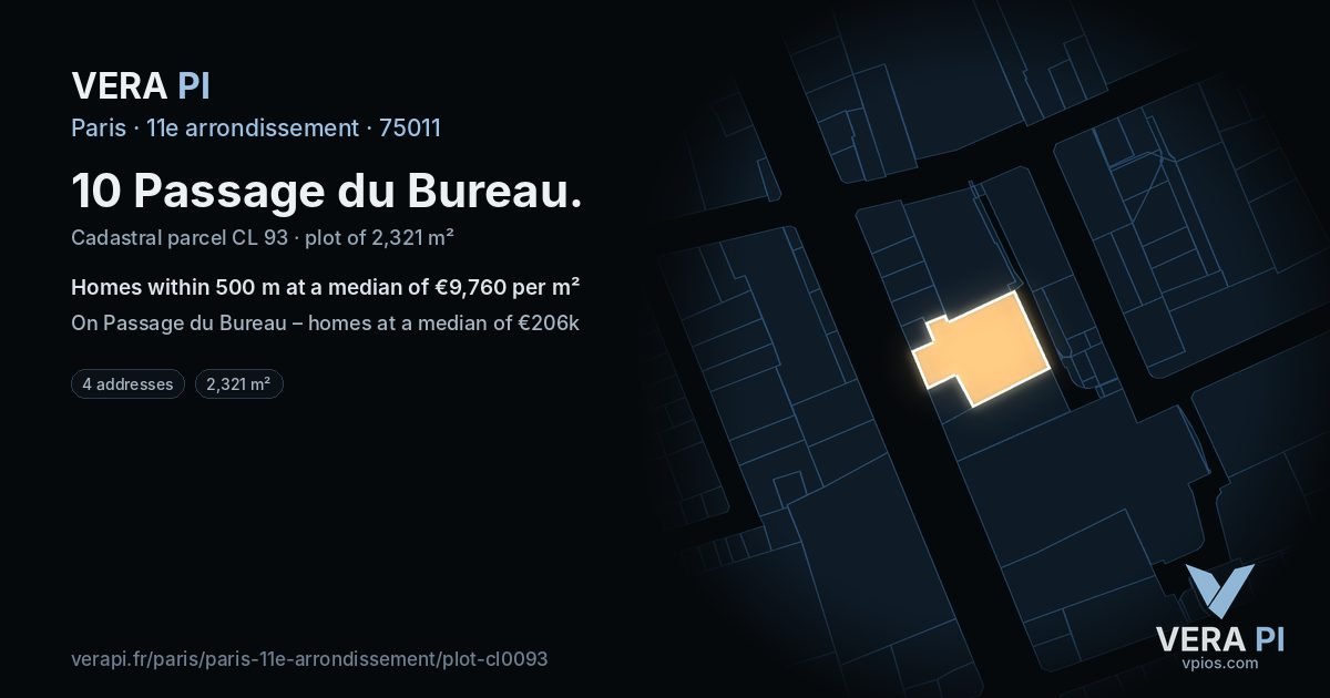 10 Passage du Bureau, 11e arrondissement at night – the plot lit, the parcels around coloured by the prices near them