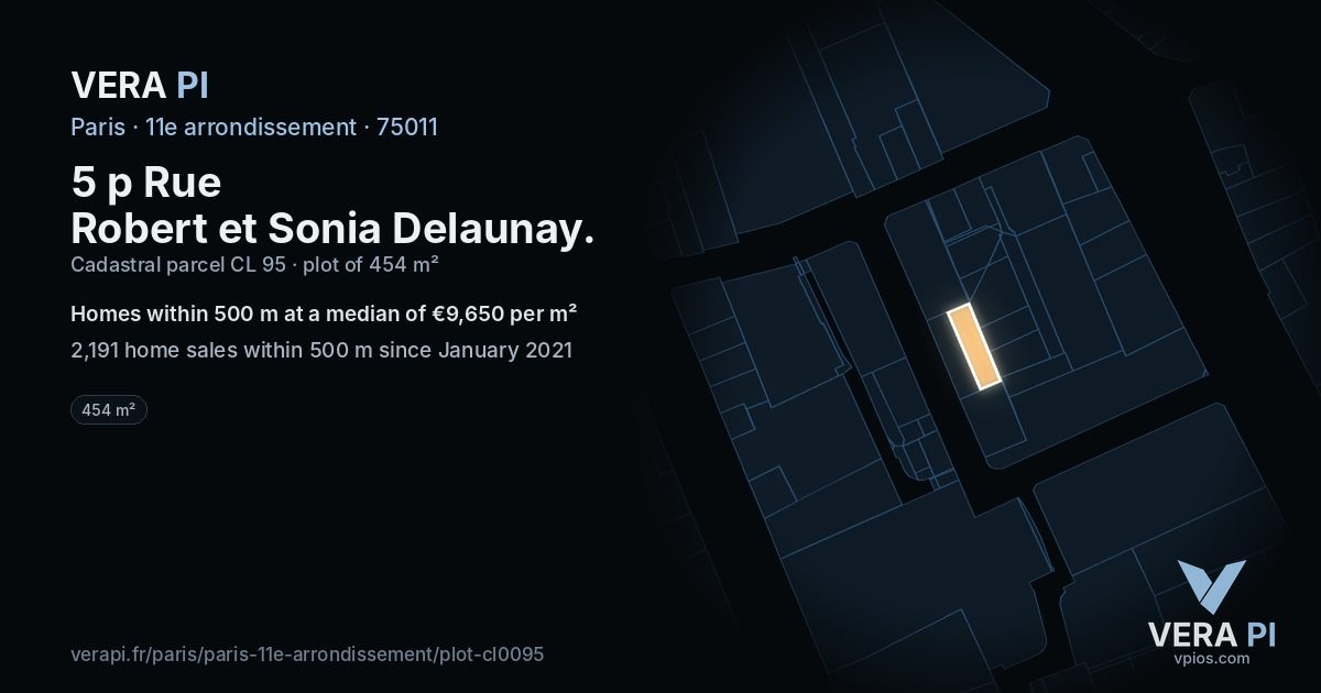 5 p Rue Robert et Sonia Delaunay, 11e arrondissement at night – the plot lit, the parcels around coloured by the prices near them