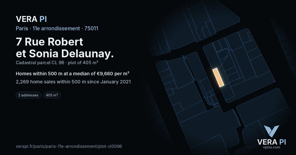 7 Rue Robert et Sonia Delaunay, 11e arrondissement at night – the plot lit, the parcels around coloured by the prices near them