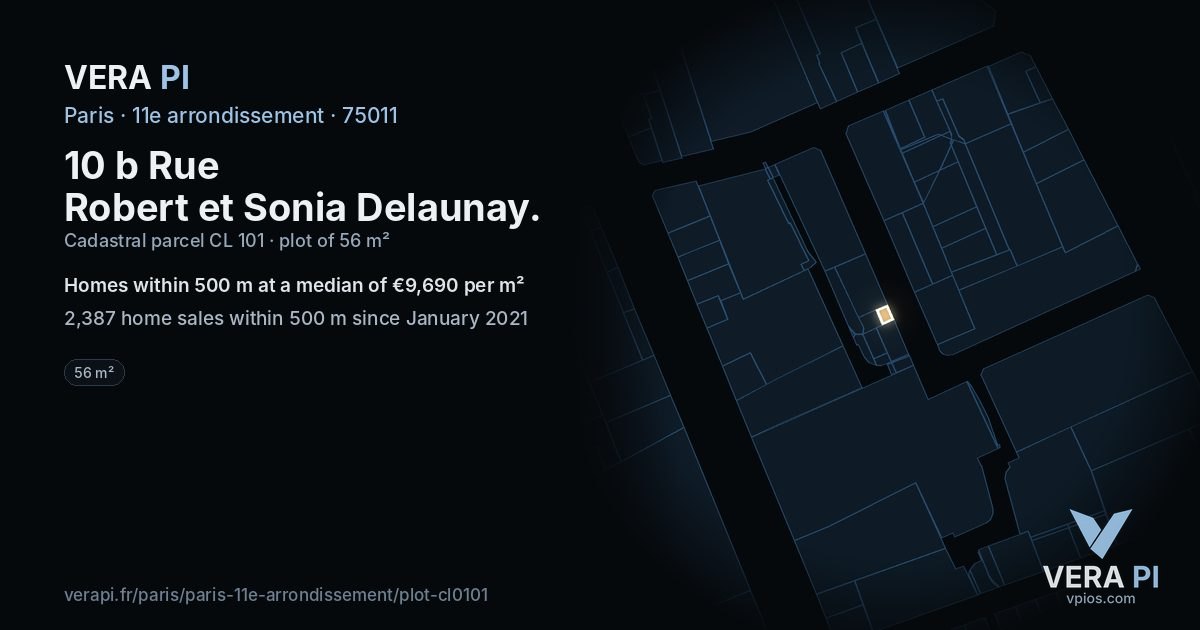 10 b Rue Robert et Sonia Delaunay, 11e arrondissement at night – the plot lit, the parcels around coloured by the prices near them