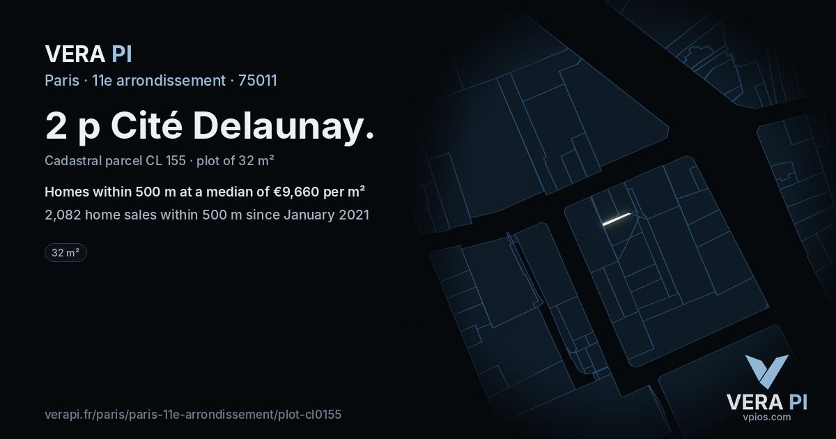 2 p Cité Delaunay, 11e arrondissement at night – the plot lit, the parcels around coloured by the prices near them