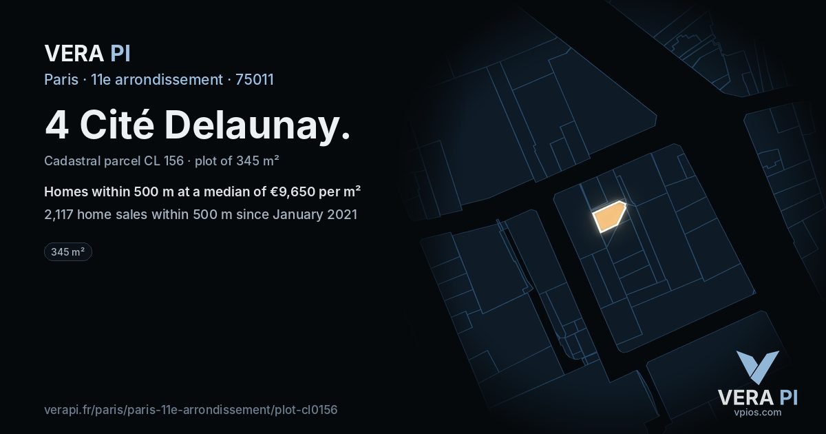 4 Cité Delaunay, 11e arrondissement at night – the plot lit, the parcels around coloured by the prices near them
