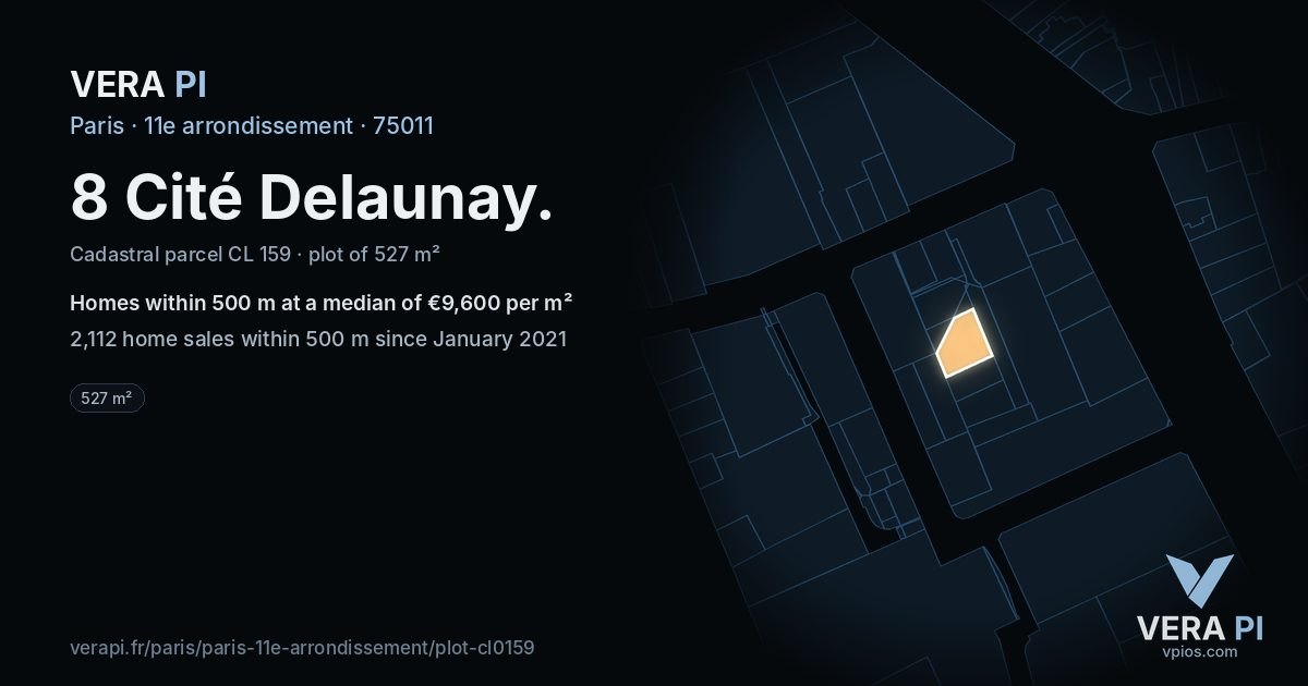 8 Cité Delaunay, 11e arrondissement at night – the plot lit, the parcels around coloured by the prices near them