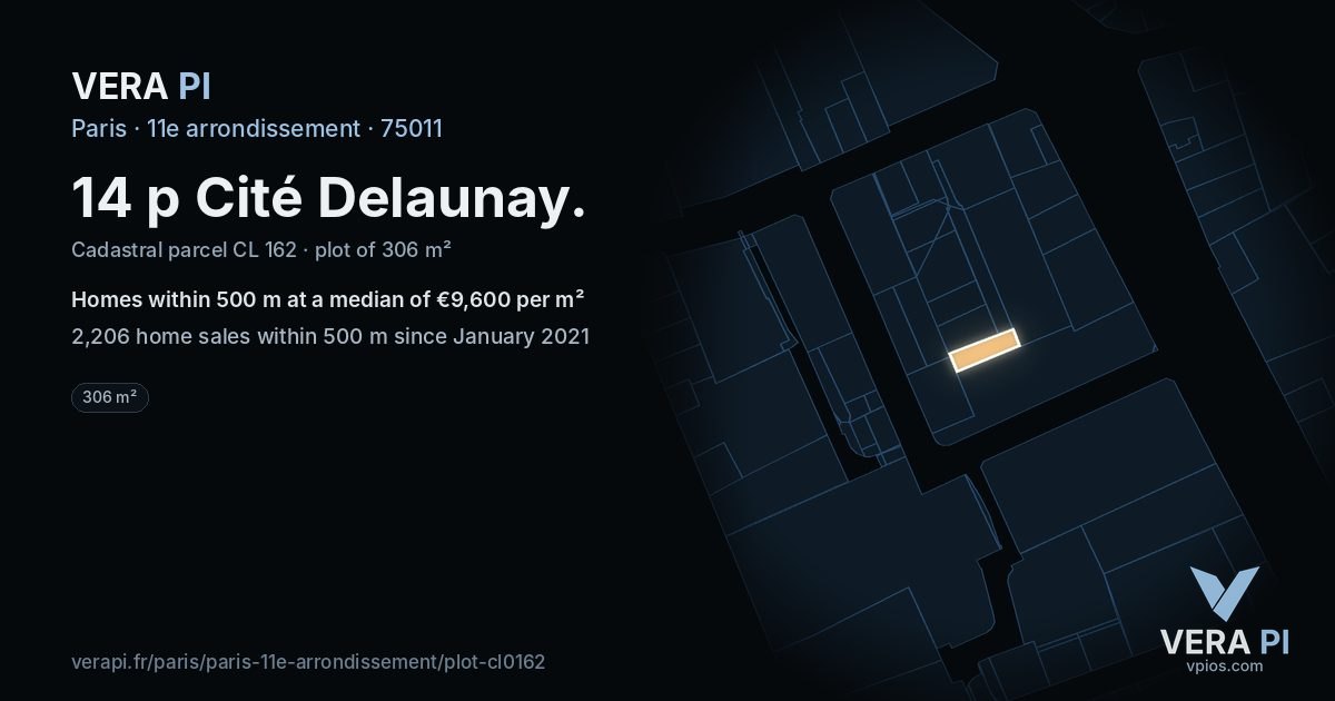 14 p Cité Delaunay, 11e arrondissement at night – the plot lit, the parcels around coloured by the prices near them