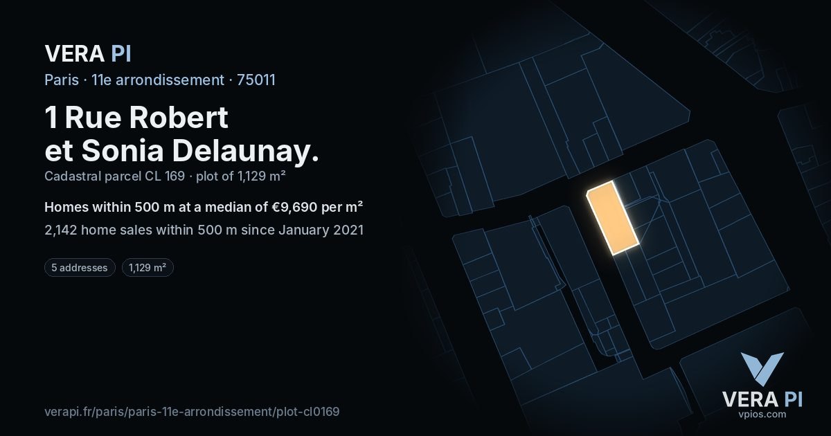1 Rue Robert et Sonia Delaunay, 11e arrondissement at night – the plot lit, the parcels around coloured by the prices near them