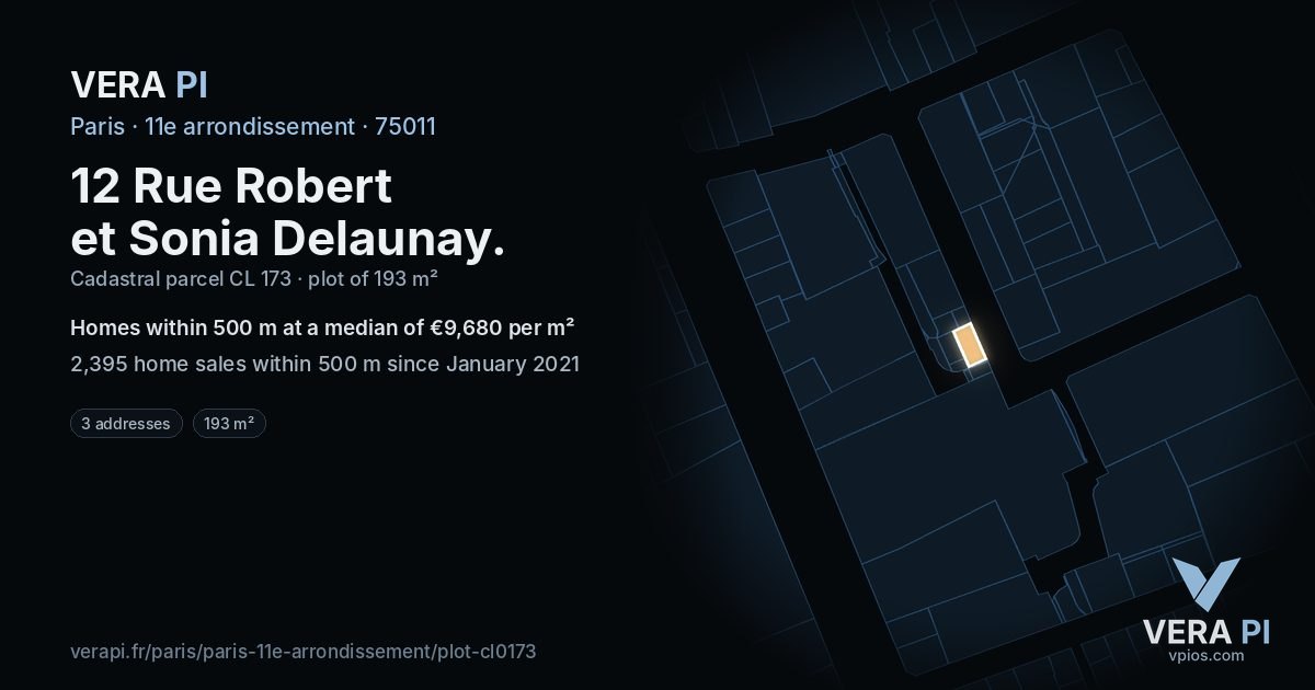 12 Rue Robert et Sonia Delaunay, 11e arrondissement at night – the plot lit, the parcels around coloured by the prices near them