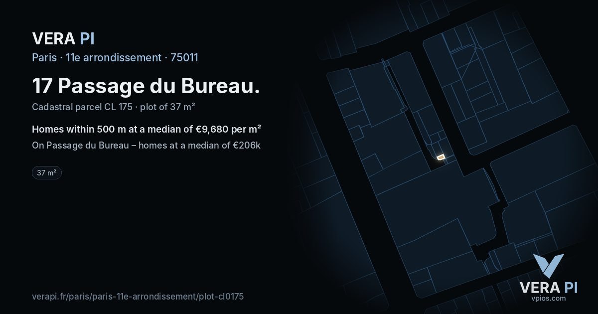 17 Passage du Bureau, 11e arrondissement at night – the plot lit, the parcels around coloured by the prices near them