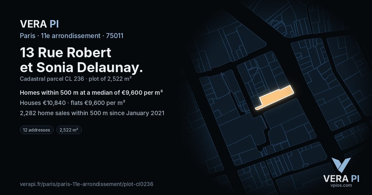 13 Rue Robert et Sonia Delaunay, 11e arrondissement at night – the plot lit, the parcels around coloured by the prices near them