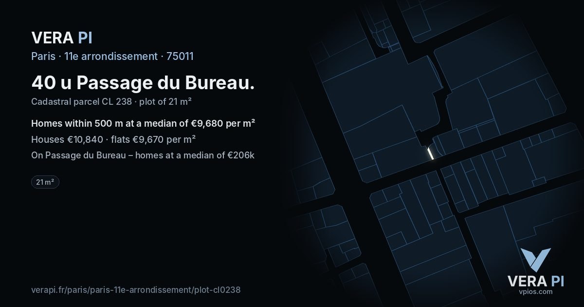 40 u Passage du Bureau, 11e arrondissement at night – the plot lit, the parcels around coloured by the prices near them