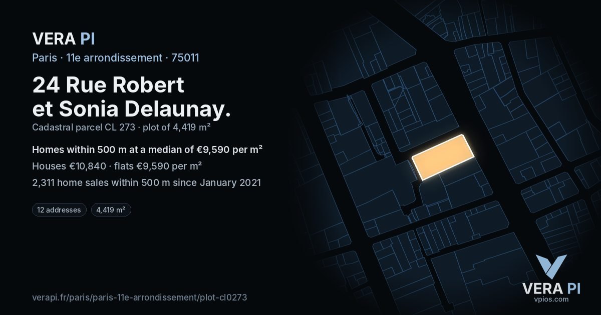 24 Rue Robert et Sonia Delaunay, 11e arrondissement at night – the plot lit, the parcels around coloured by the prices near them