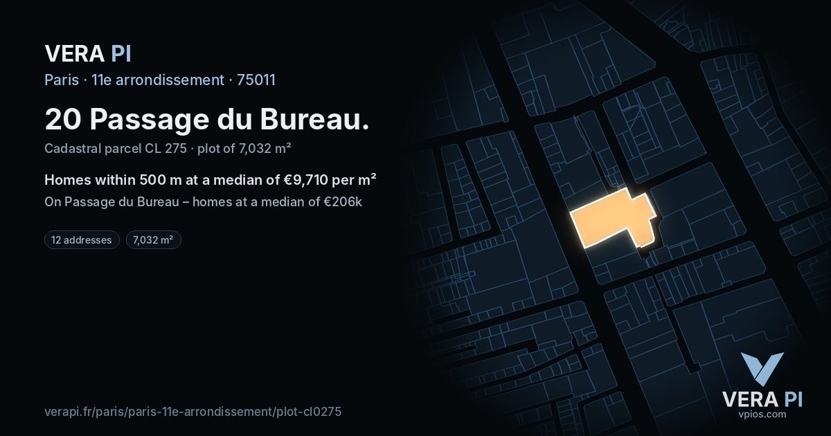 20 Passage du Bureau, 11e arrondissement at night – the plot lit, the parcels around coloured by the prices near them
