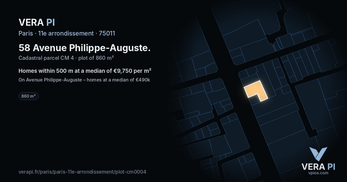 58 Avenue Philippe-Auguste, 11e arrondissement at night – the plot lit, the parcels around coloured by the prices near them