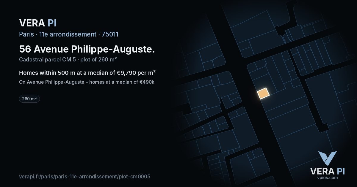 56 Avenue Philippe-Auguste, 11e arrondissement at night – the plot lit, the parcels around coloured by the prices near them