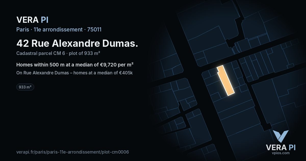 42 Rue Alexandre Dumas, 11e arrondissement at night – the plot lit, the parcels around coloured by the prices near them