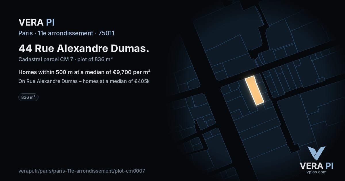 44 Rue Alexandre Dumas, 11e arrondissement at night – the plot lit, the parcels around coloured by the prices near them