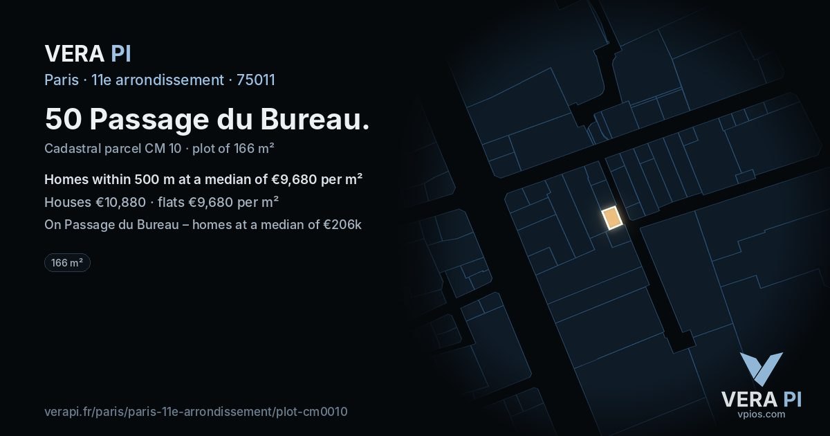 50 Passage du Bureau, 11e arrondissement at night – the plot lit, the parcels around coloured by the prices near them