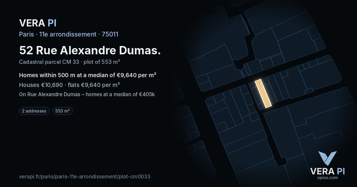 52 Rue Alexandre Dumas, 11e arrondissement at night – the plot lit, the parcels around coloured by the prices near them