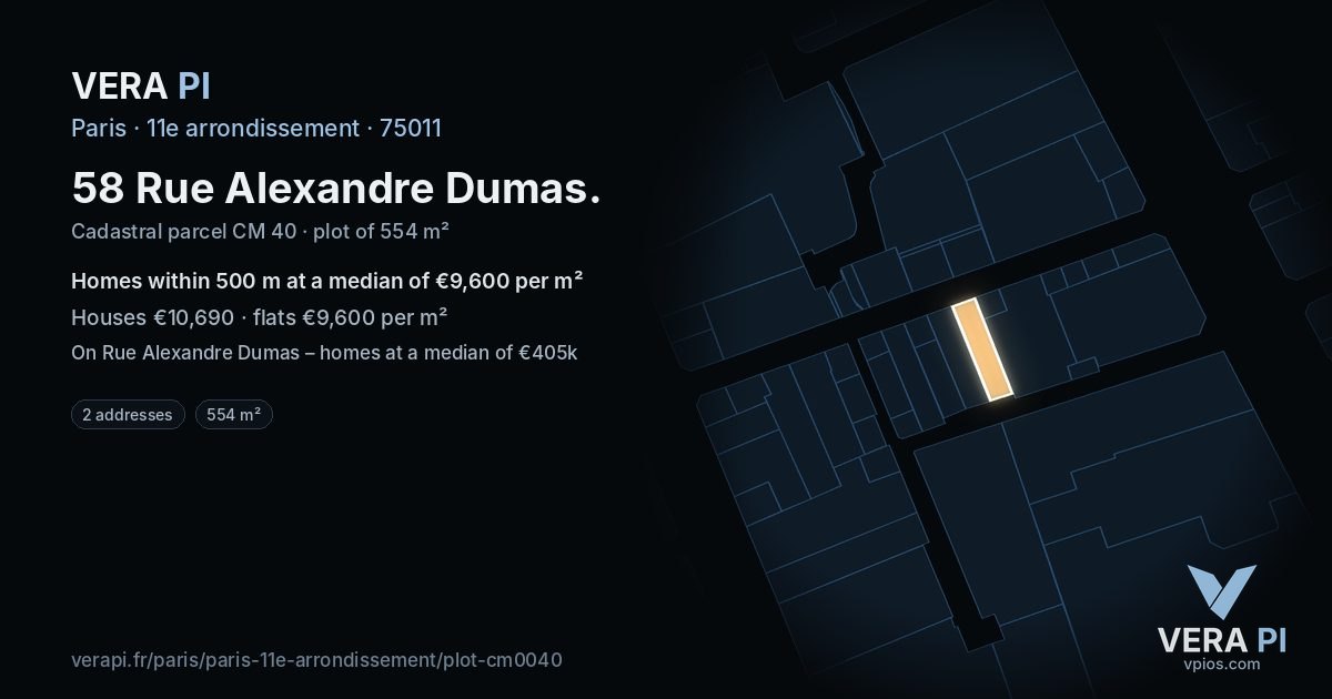 58 Rue Alexandre Dumas, 11e arrondissement at night – the plot lit, the parcels around coloured by the prices near them
