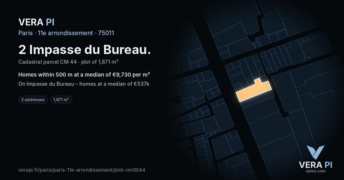 2 Impasse du Bureau, 11e arrondissement at night – the plot lit, the parcels around coloured by the prices near them