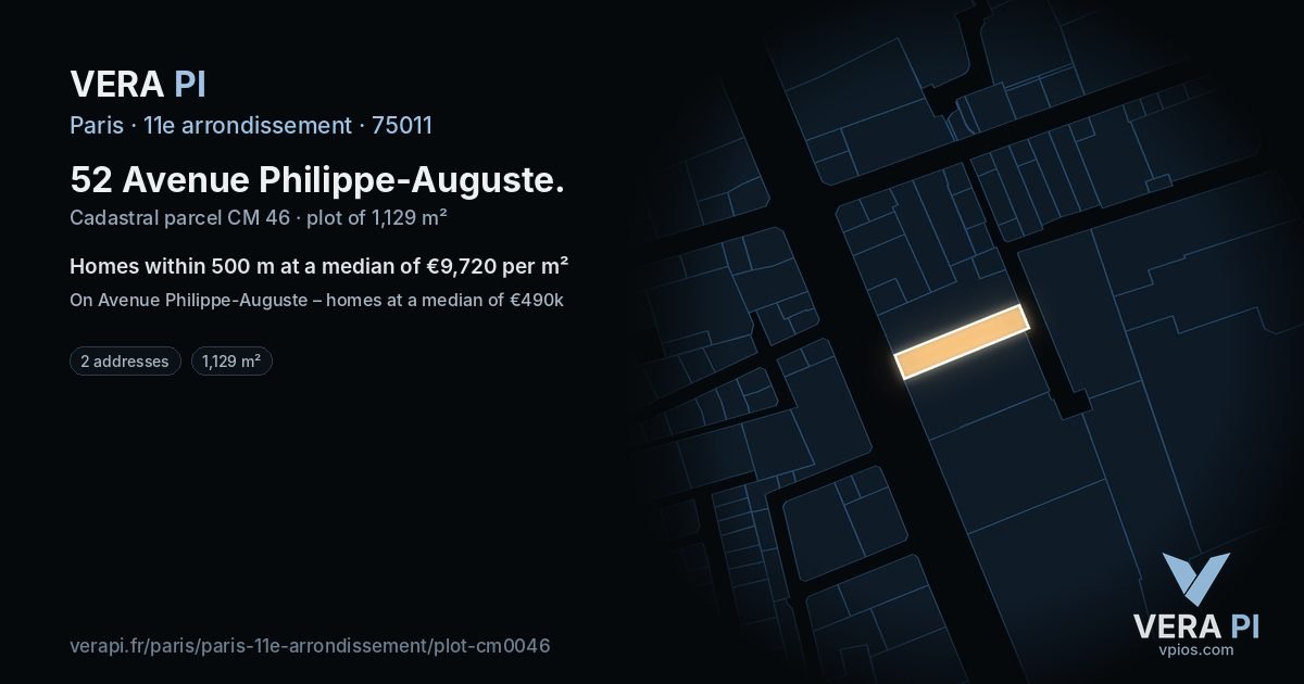52 Avenue Philippe-Auguste, 11e arrondissement at night – the plot lit, the parcels around coloured by the prices near them