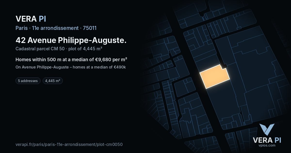 42 Avenue Philippe-Auguste, 11e arrondissement at night – the plot lit, the parcels around coloured by the prices near them