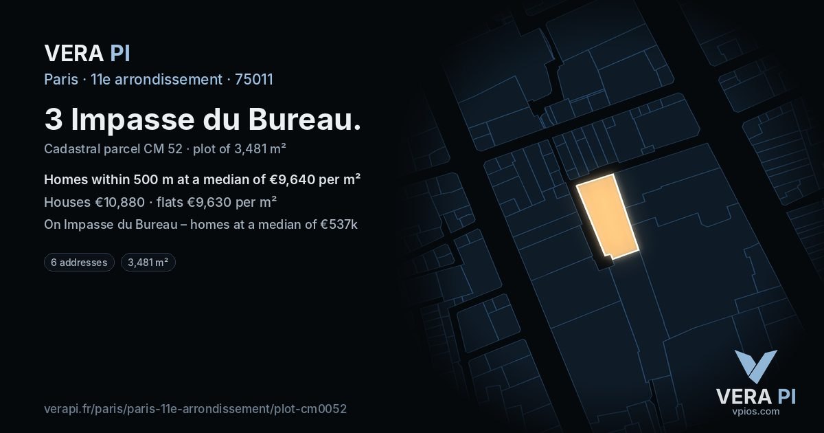 3 Impasse du Bureau, 11e arrondissement at night – the plot lit, the parcels around coloured by the prices near them