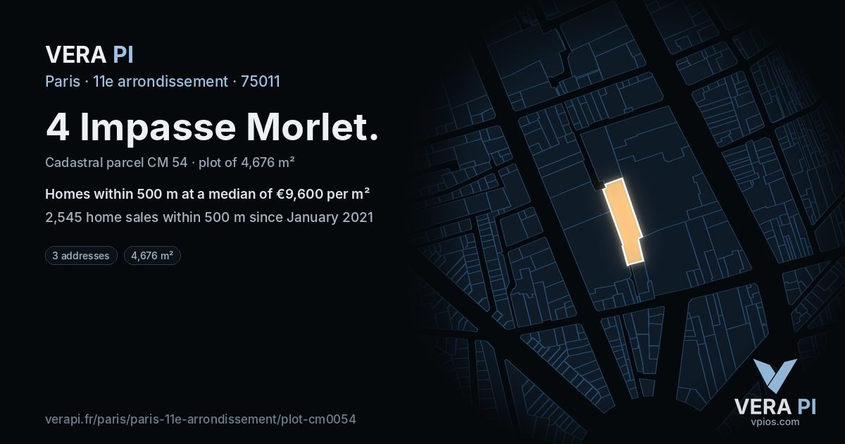 4 Impasse Morlet, 11e arrondissement at night – the plot lit, the parcels around coloured by the prices near them