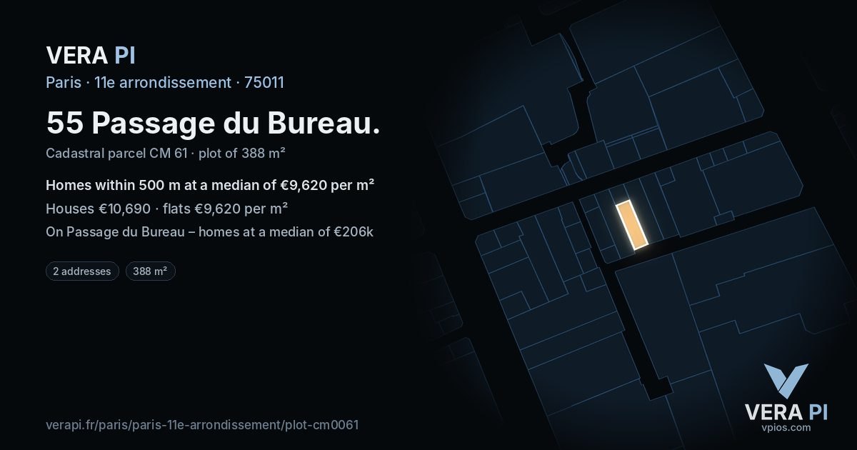 55 Passage du Bureau, 11e arrondissement at night – the plot lit, the parcels around coloured by the prices near them