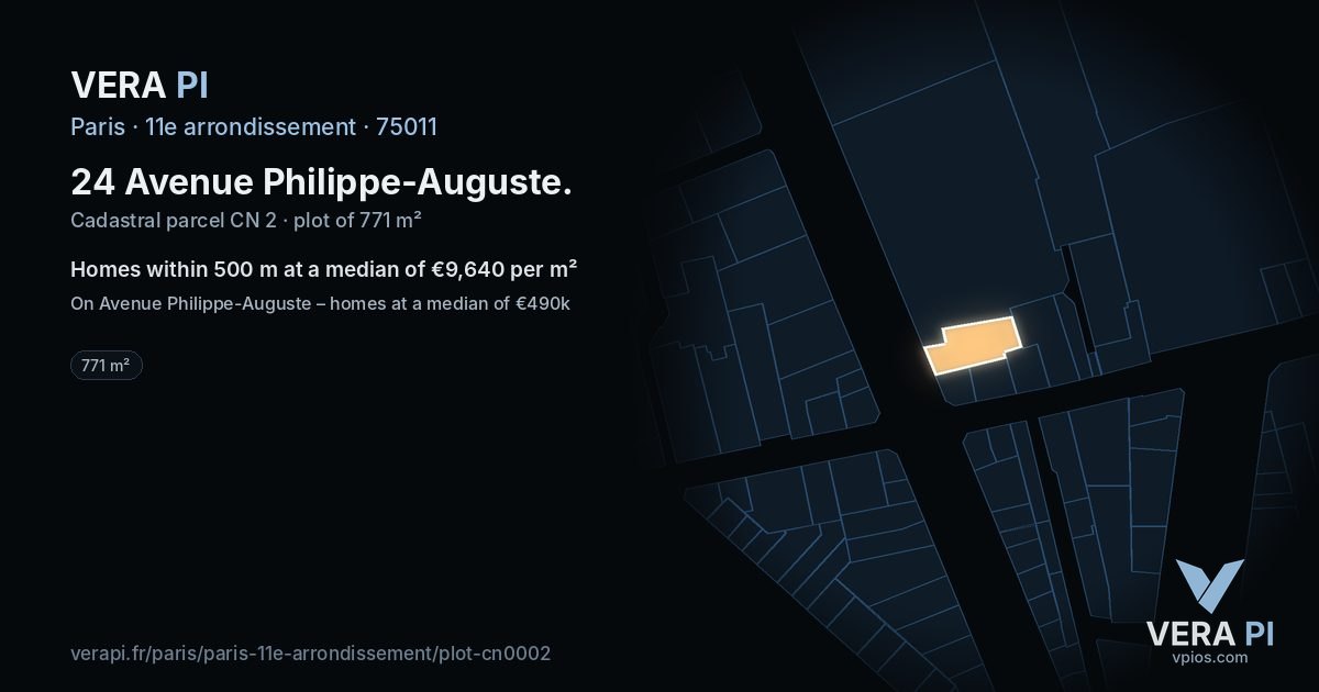 24 Avenue Philippe-Auguste, 11e arrondissement at night – the plot lit, the parcels around coloured by the prices near them
