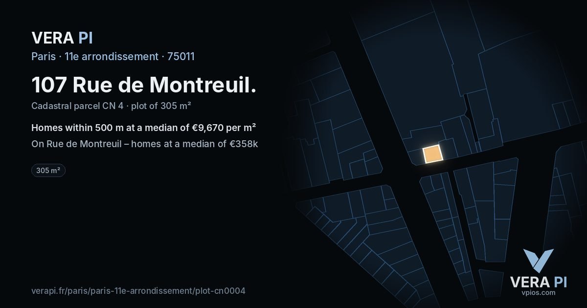 107 Rue de Montreuil, 11e arrondissement at night – the plot lit, the parcels around coloured by the prices near them
