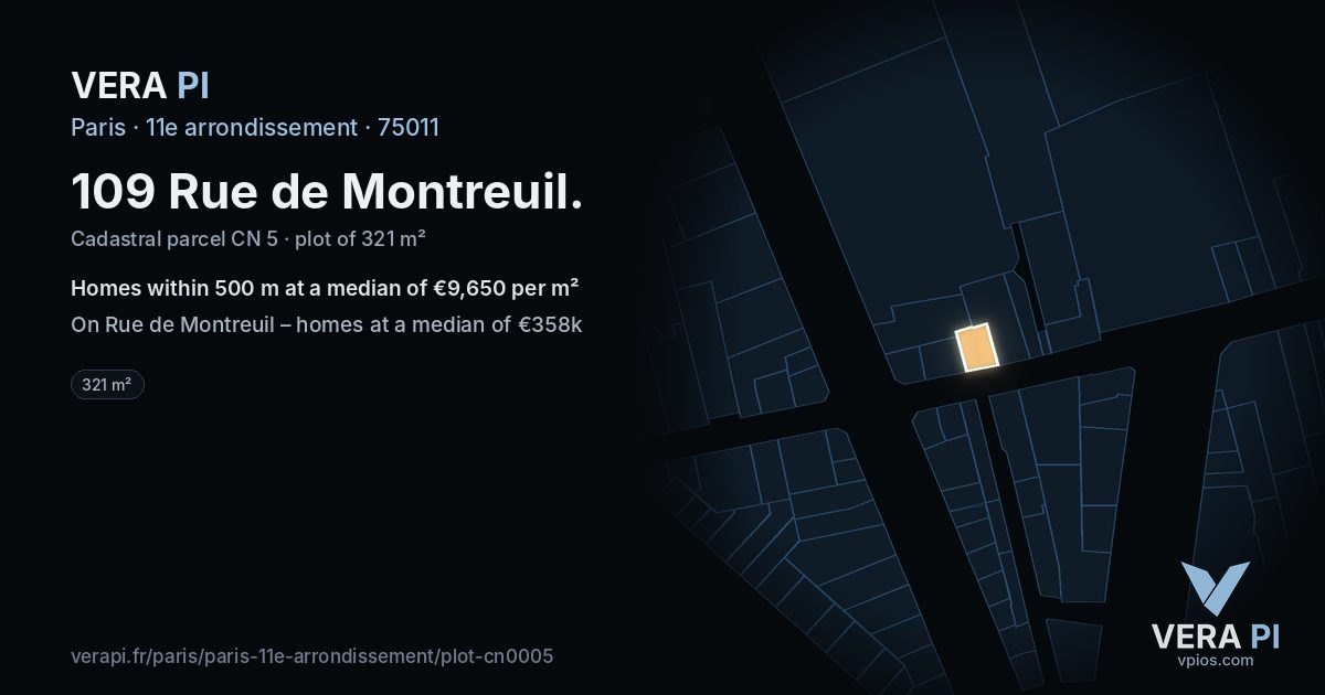 109 Rue de Montreuil, 11e arrondissement at night – the plot lit, the parcels around coloured by the prices near them