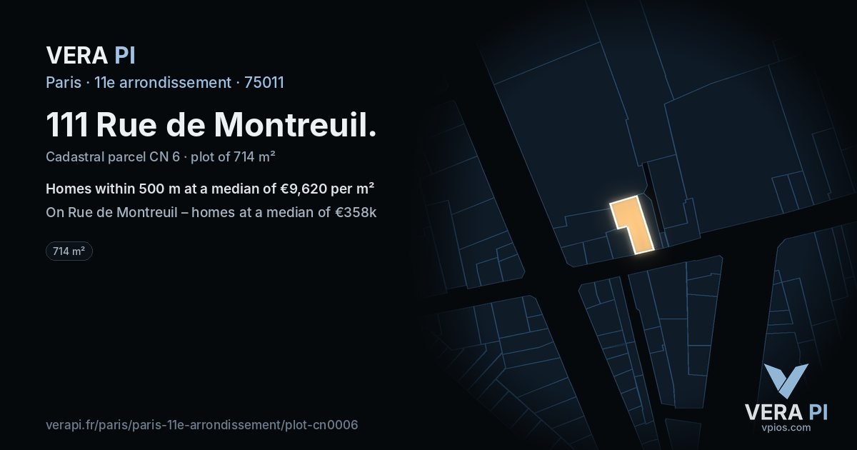111 Rue de Montreuil, 11e arrondissement at night – the plot lit, the parcels around coloured by the prices near them