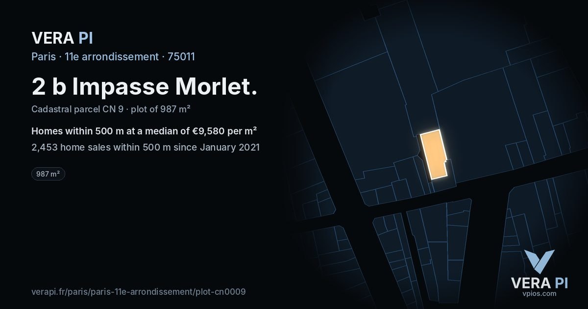 2 b Impasse Morlet, 11e arrondissement at night – the plot lit, the parcels around coloured by the prices near them