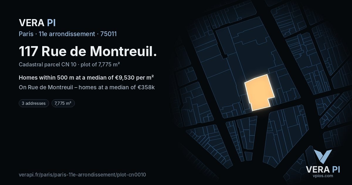 117 Rue de Montreuil, 11e arrondissement at night – the plot lit, the parcels around coloured by the prices near them