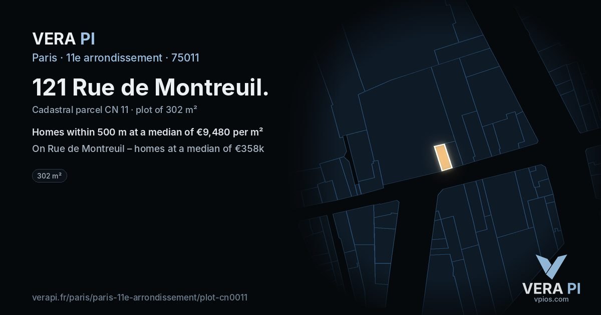 121 Rue de Montreuil, 11e arrondissement at night – the plot lit, the parcels around coloured by the prices near them
