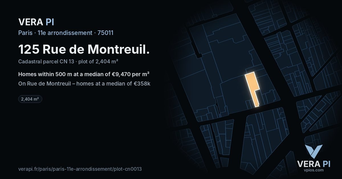 125 Rue de Montreuil, 11e arrondissement at night – the plot lit, the parcels around coloured by the prices near them