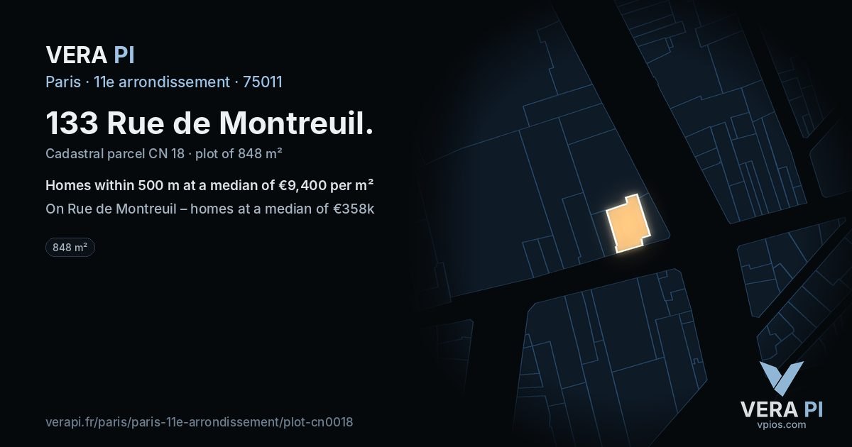 133 Rue de Montreuil, 11e arrondissement at night – the plot lit, the parcels around coloured by the prices near them