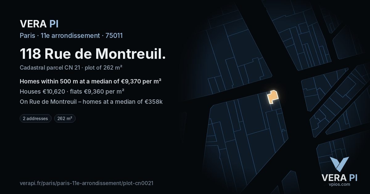 118 Rue de Montreuil, 11e arrondissement at night – the plot lit, the parcels around coloured by the prices near them
