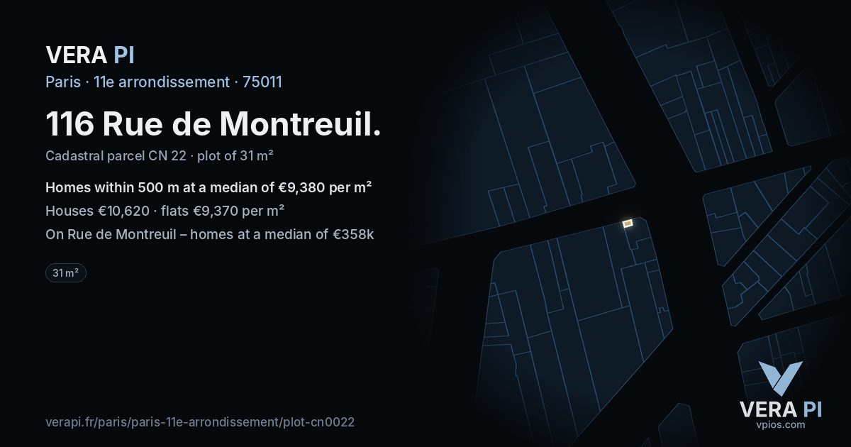116 Rue de Montreuil, 11e arrondissement at night – the plot lit, the parcels around coloured by the prices near them