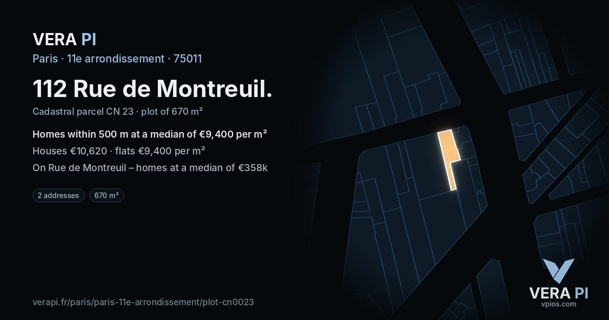 112 Rue de Montreuil, 11e arrondissement at night – the plot lit, the parcels around coloured by the prices near them