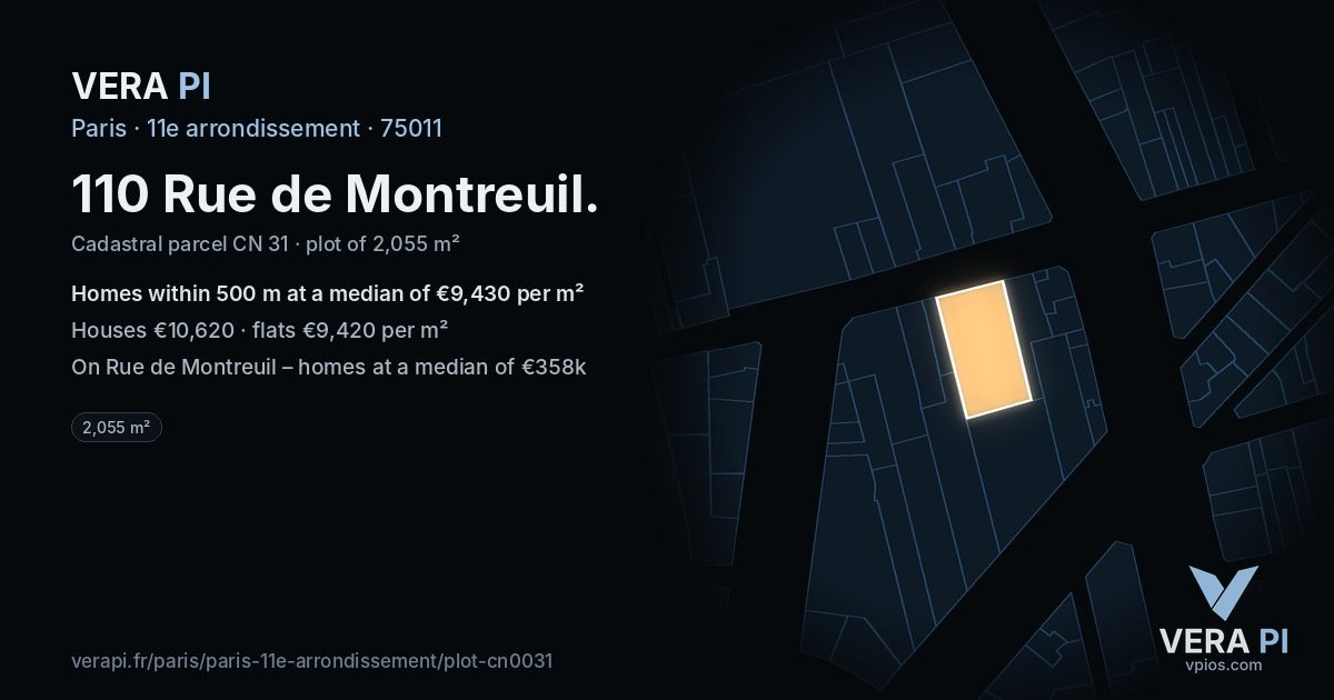 110 Rue de Montreuil, 11e arrondissement at night – the plot lit, the parcels around coloured by the prices near them