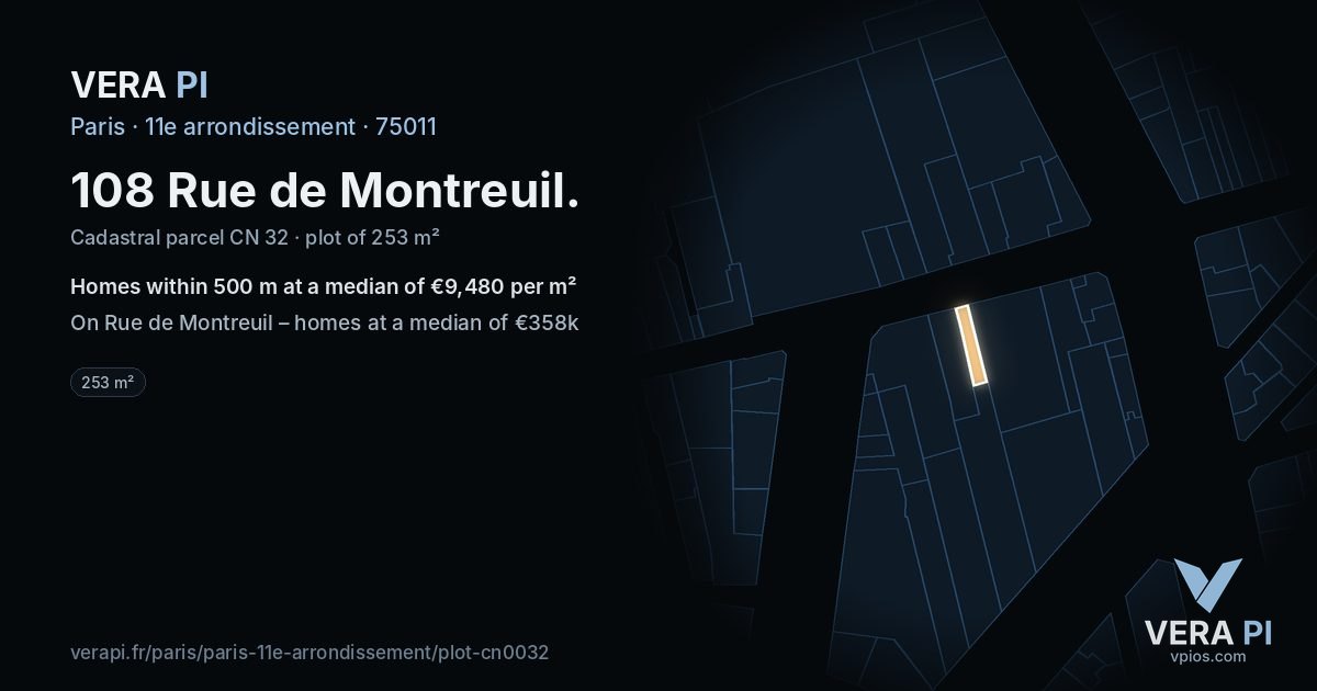 108 Rue de Montreuil, 11e arrondissement at night – the plot lit, the parcels around coloured by the prices near them