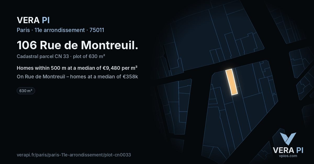 106 Rue de Montreuil, 11e arrondissement at night – the plot lit, the parcels around coloured by the prices near them