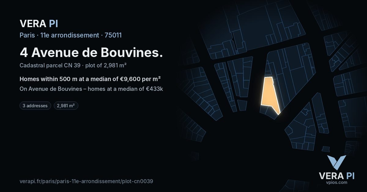 4 Avenue de Bouvines, 11e arrondissement at night – the plot lit, the parcels around coloured by the prices near them