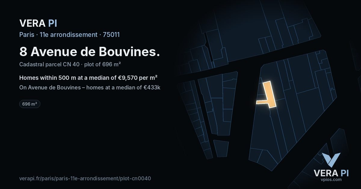 8 Avenue de Bouvines, 11e arrondissement at night – the plot lit, the parcels around coloured by the prices near them