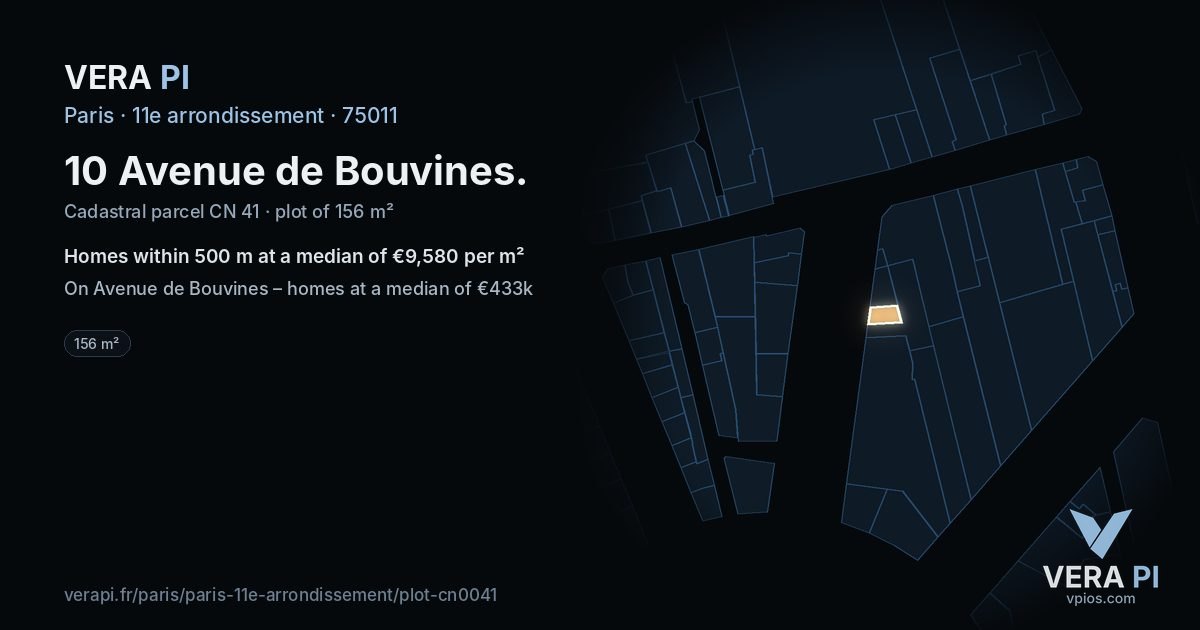10 Avenue de Bouvines, 11e arrondissement at night – the plot lit, the parcels around coloured by the prices near them