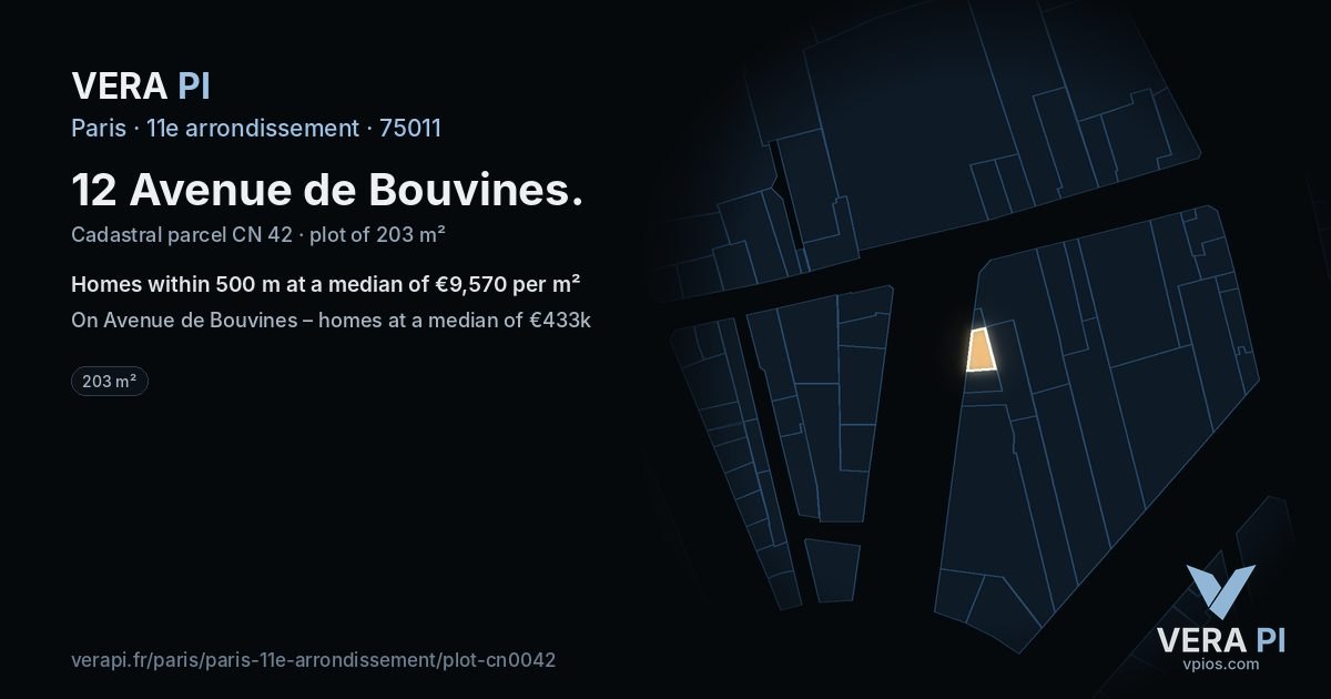 12 Avenue de Bouvines, 11e arrondissement at night – the plot lit, the parcels around coloured by the prices near them