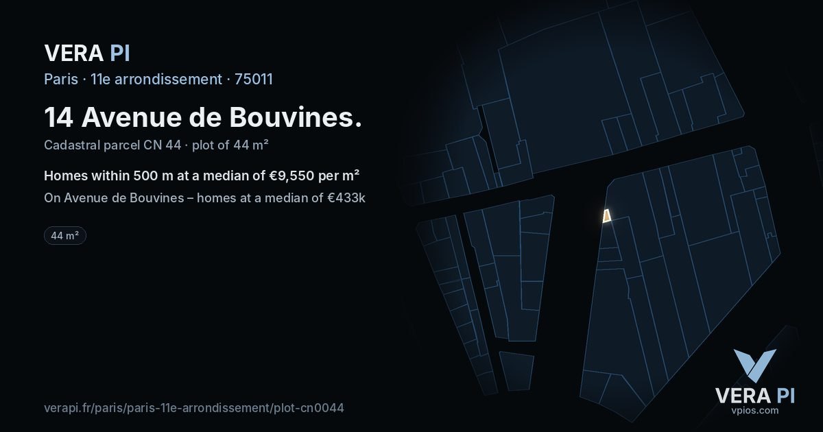 14 Avenue de Bouvines, 11e arrondissement at night – the plot lit, the parcels around coloured by the prices near them
