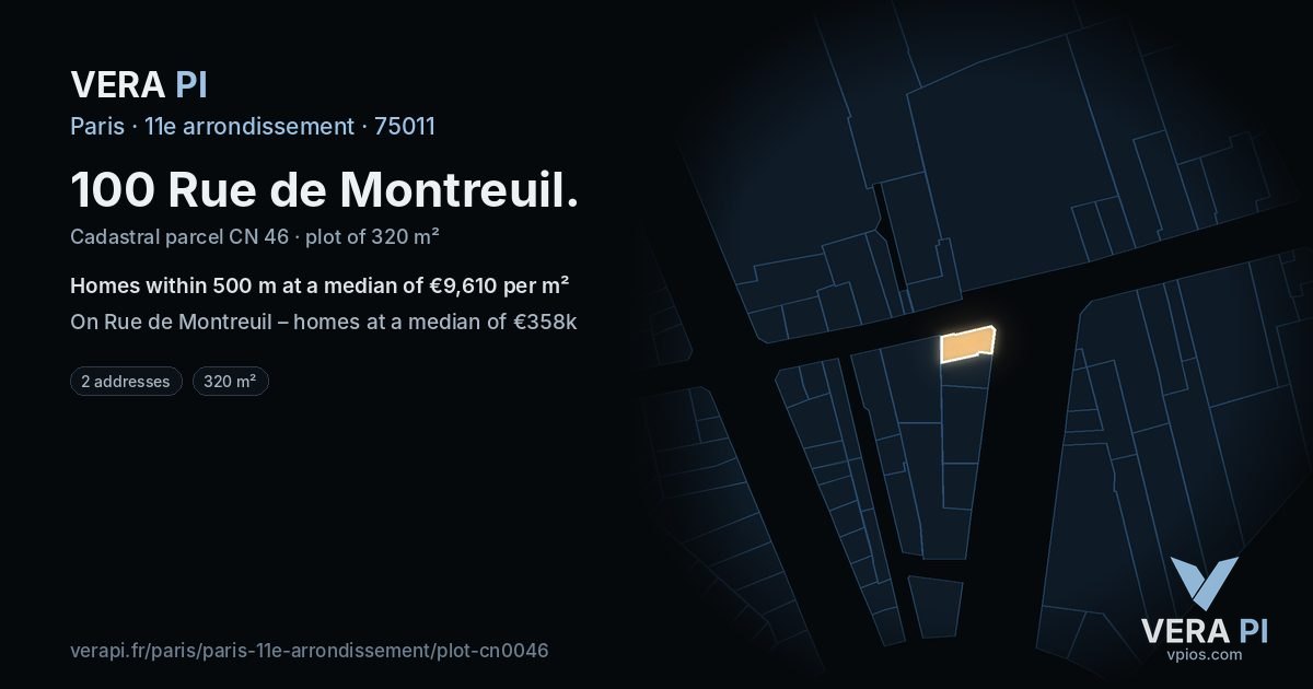 100 Rue de Montreuil, 11e arrondissement at night – the plot lit, the parcels around coloured by the prices near them