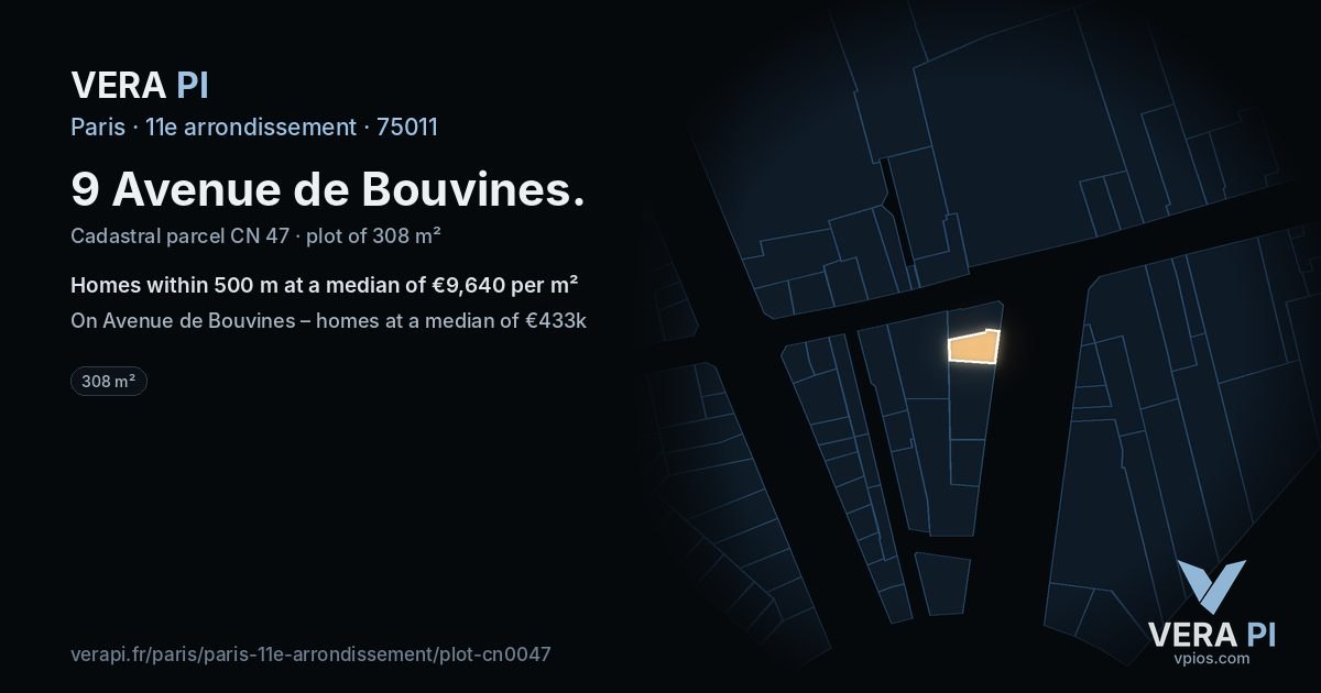9 Avenue de Bouvines, 11e arrondissement at night – the plot lit, the parcels around coloured by the prices near them